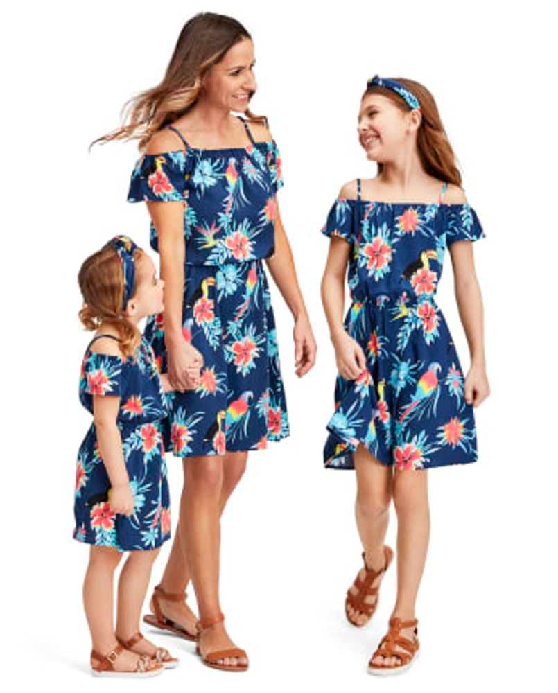 Girls Matching Family Tropical Toucan Off Shoulder Dress - milky way