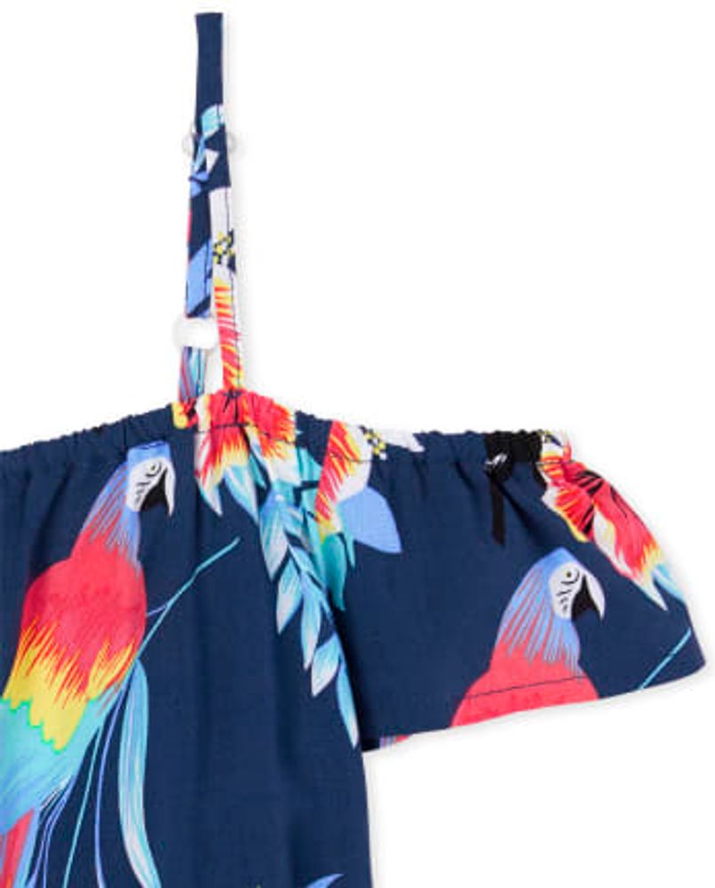 Girls Matching Family Tropical Toucan Off Shoulder Dress - milky way