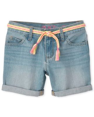 Girls Roll Cuff Belted Denim Midi Shorts