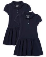 Toddler Girls Uniform Ruffle Pique Polo Dress 2-Pack