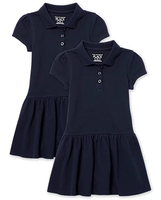 Toddler Girls Uniform Ruffle Pique Polo Dress 2-Pack