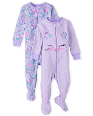 Baby And Toddler Girls Floral Cat Snug Fit Cotton One Piece Pajamas 2-Pack