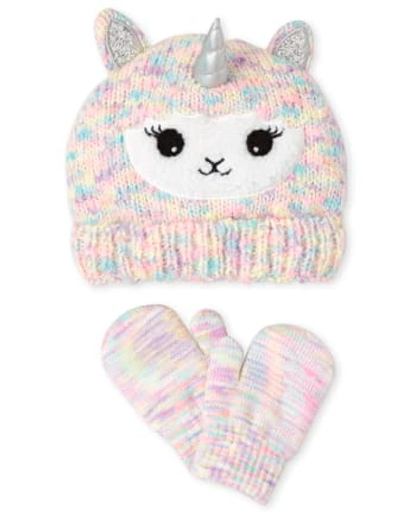 Toddler Girls Llamacorn Hat And Mittens Set