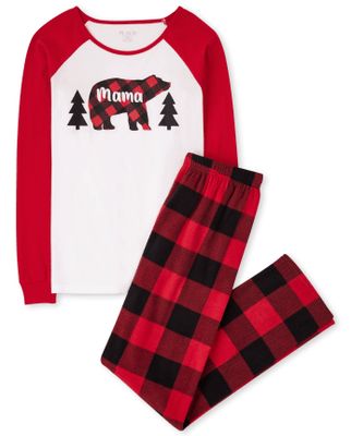 Womens Matching Family Bear Buffalo Plaid Cotton And Fleece Pajamas