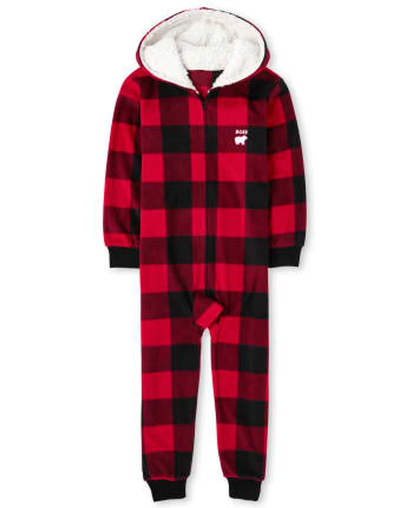 Unisex Kids Matching Family Bear Buffalo Plaid Fleece One Piece Pajamas