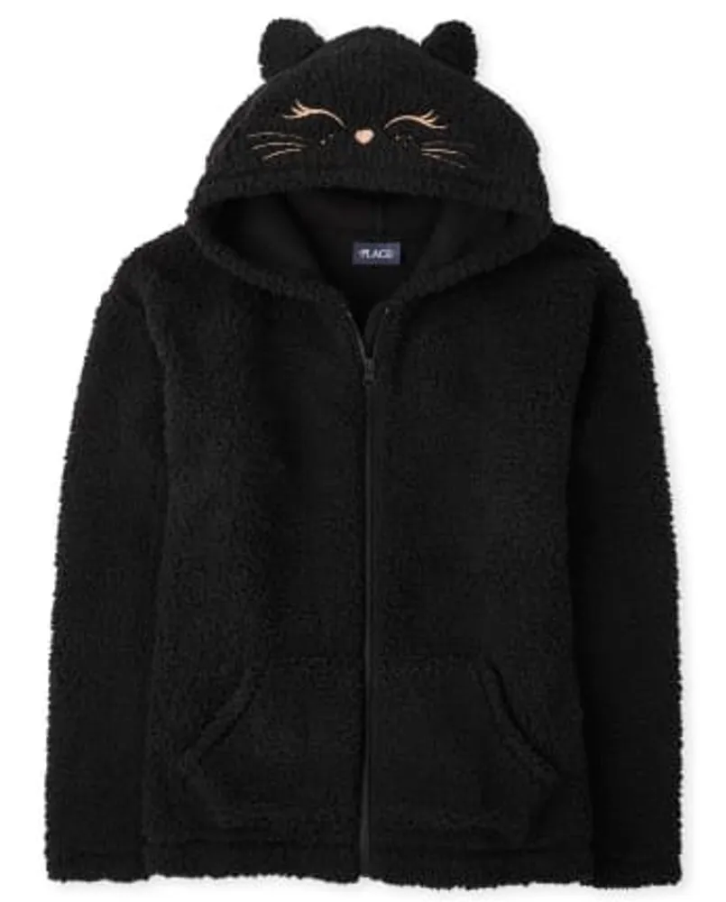 Womens Mommy And Me Cat Sherpa Zip-Up Hoodie