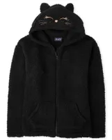 Womens Mommy And Me Cat Sherpa Zip-Up Hoodie