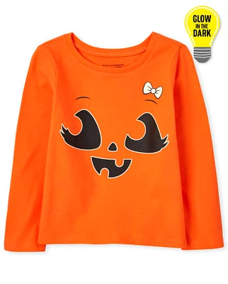 T-shirt graphique Glow Pumpkin Bow pour bébé et toute-petite fille