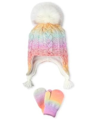 Toddler Girls Cable Knit Pom Hat And Mittens Set - multi clr