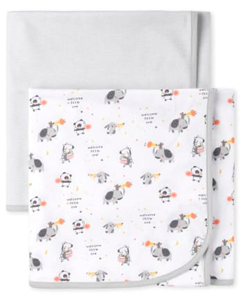 Unisex Baby Animals Swaddle Blanket 2-Pack - white