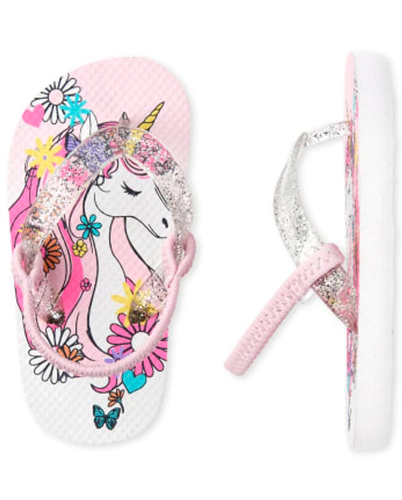 Toddler Girls Floral Unicorn Flip Flops - pink