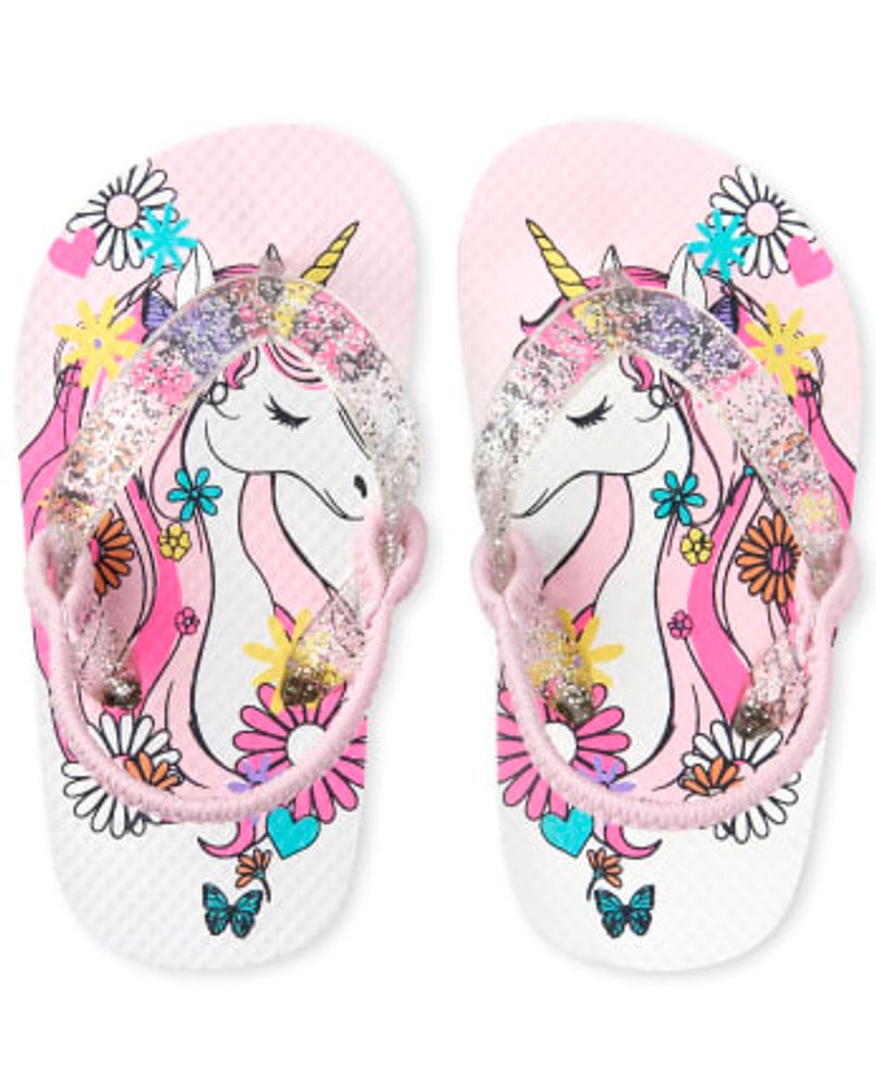 Toddler Girls Floral Unicorn Flip Flops - pink