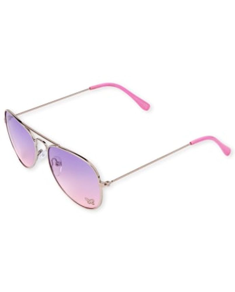 Girls Glitter Butterfly Aviator Sunglasses - silver