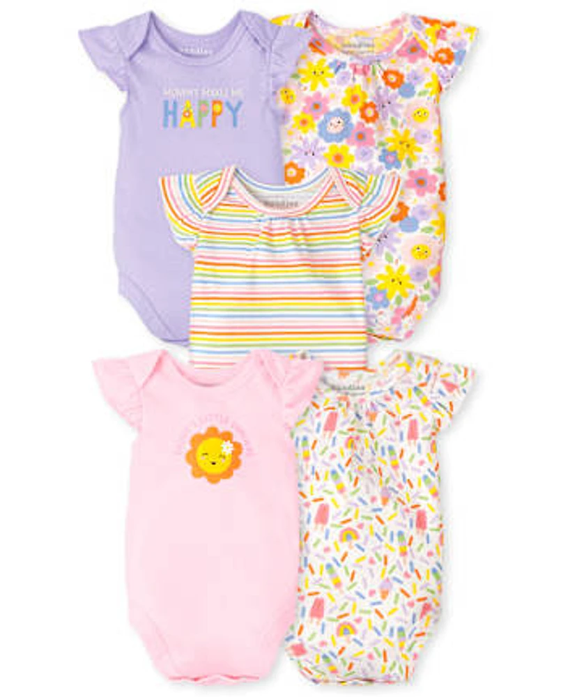 Baby Girls Happy Ruffle Bodysuit 5-Pack