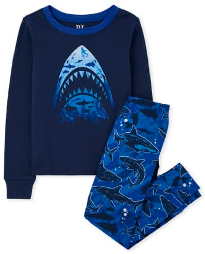 Boys Shark Snug Fit Cotton Pajamas - edge blue