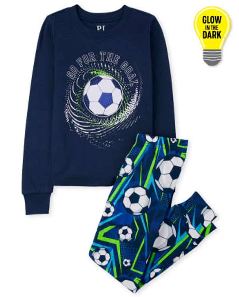 Boys Glow Soccer Snug Fit Cotton Pajamas - edge blue