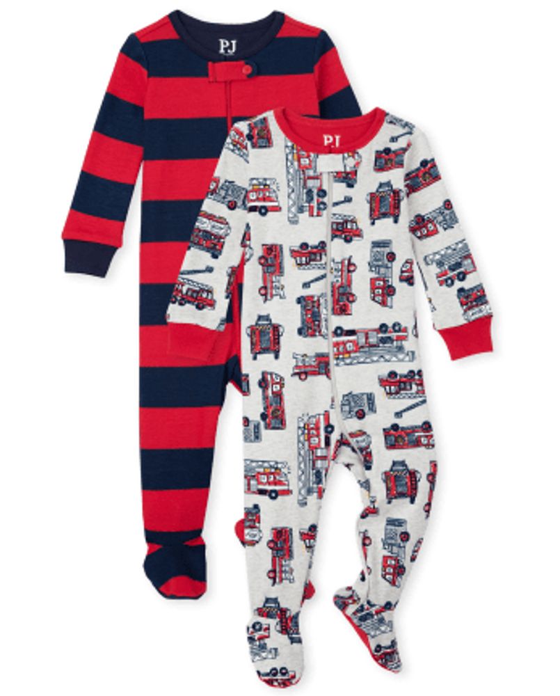 Baby And Toddler Boys Fire Truck Snug Fit Cotton One Piece Pajamas 2-Pack