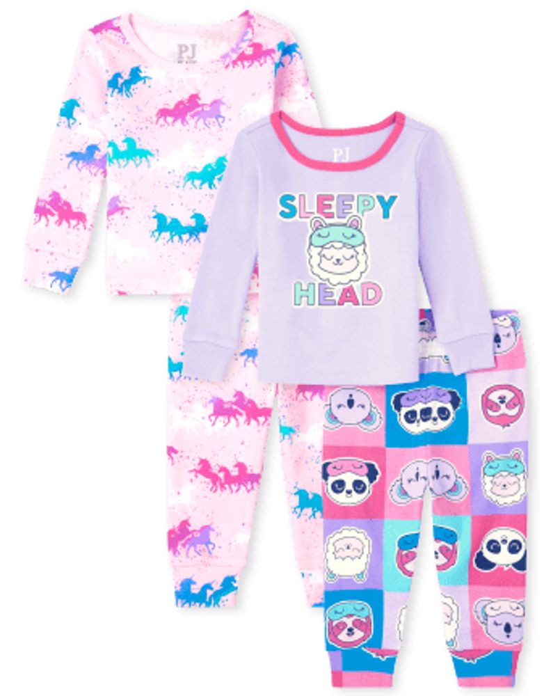 Baby And Toddler Girls Llama Unicorn Snug Fit Cotton Pajamas 2-Pack