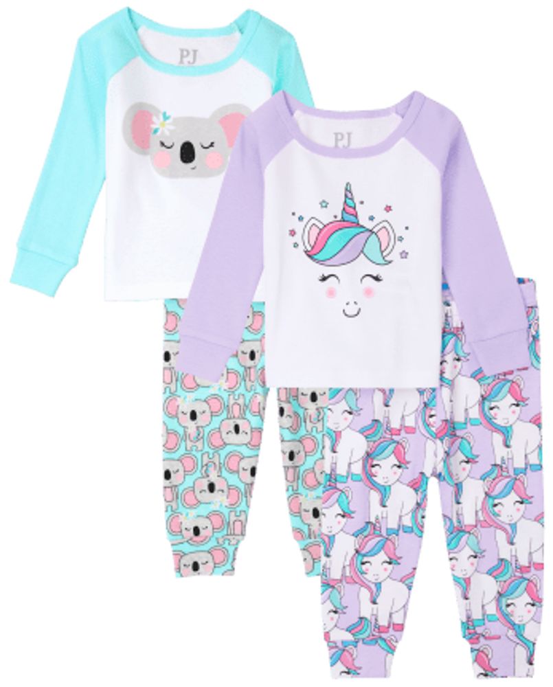 Baby And Toddler Girls Unicorn Koala Snug Fit Cotton Pajamas 2-Pack