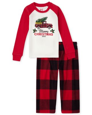 Unisex Baby And Toddler Matching Family O Christmas Tree 2022 Plaid Cotton Fleece Pajamas - ruby