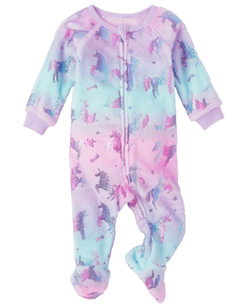 Baby And Toddler Girls Foil Unicorn Fleece One Piece Pajamas