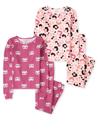 Girls Cat Leopard Snug Fit Cotton Pajamas 2-Pack