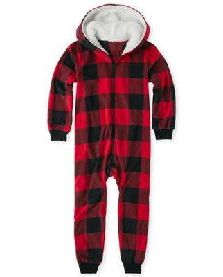 Unisex Kids Fleece Buffalo Plaid One Piece Pajamas - ruby