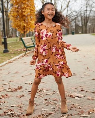 Girls Floral Tiered Dress - amber brown
