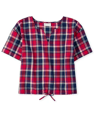 Womens Matching Family Plaid Tie Front Top