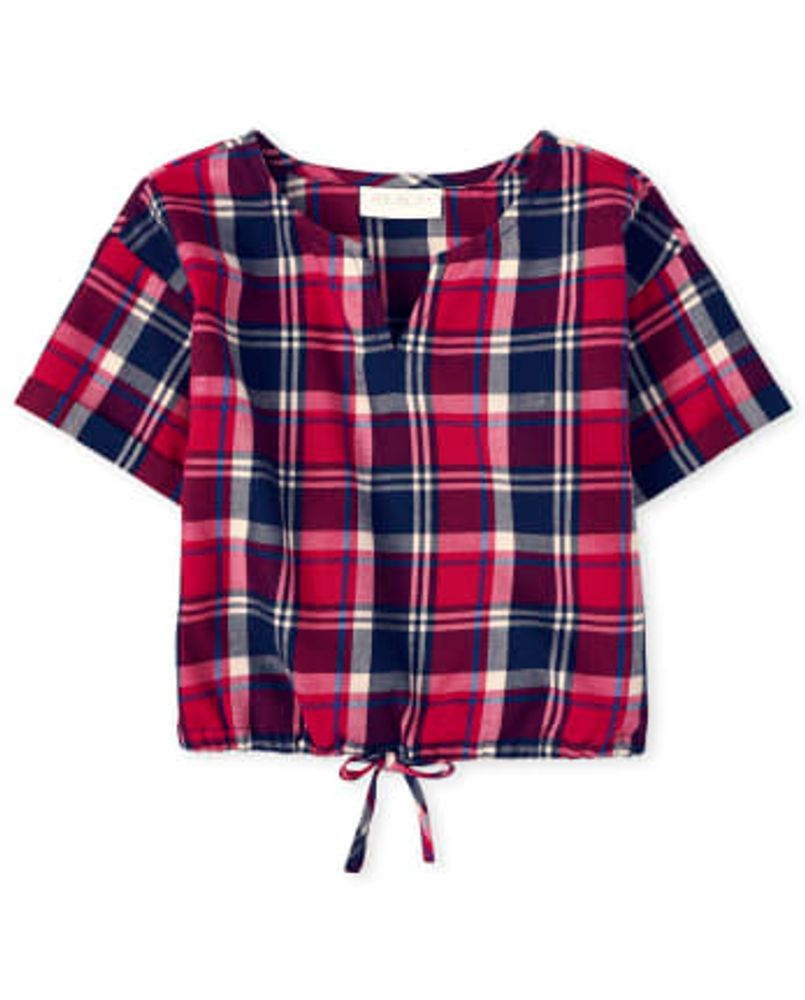 Girls Matching Family Plaid Tie Front Top