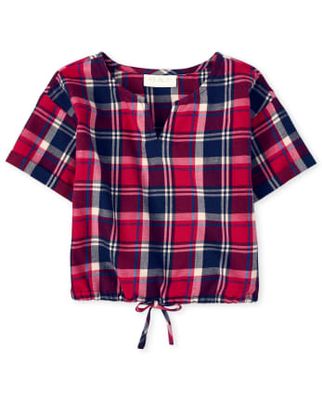 Girls Matching Family Plaid Tie Front Top