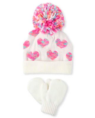 Toddler Girls Heart Hat And Mittens Set - multi clr