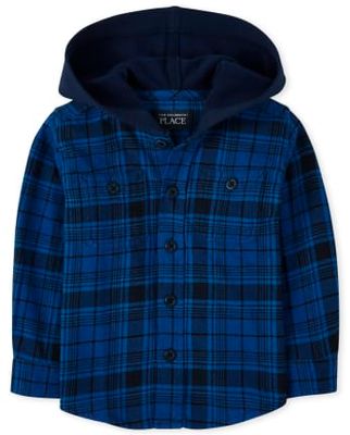 Baby And Toddler Boys Plaid Flannel Button Down Hoodie Top - pacific blue