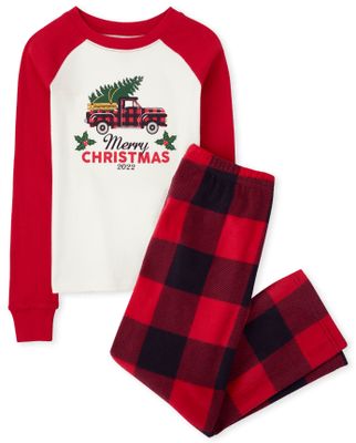Unisex Kids Matching Family O Christmas Tree 2022 Plaid Cotton And Fleece Pajamas - ruby