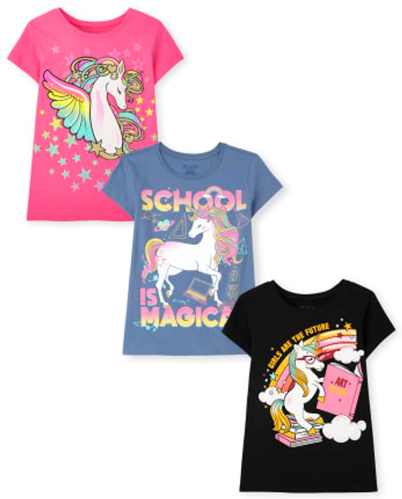 Lot de 3 t-shirts graphiques licorne pour fille