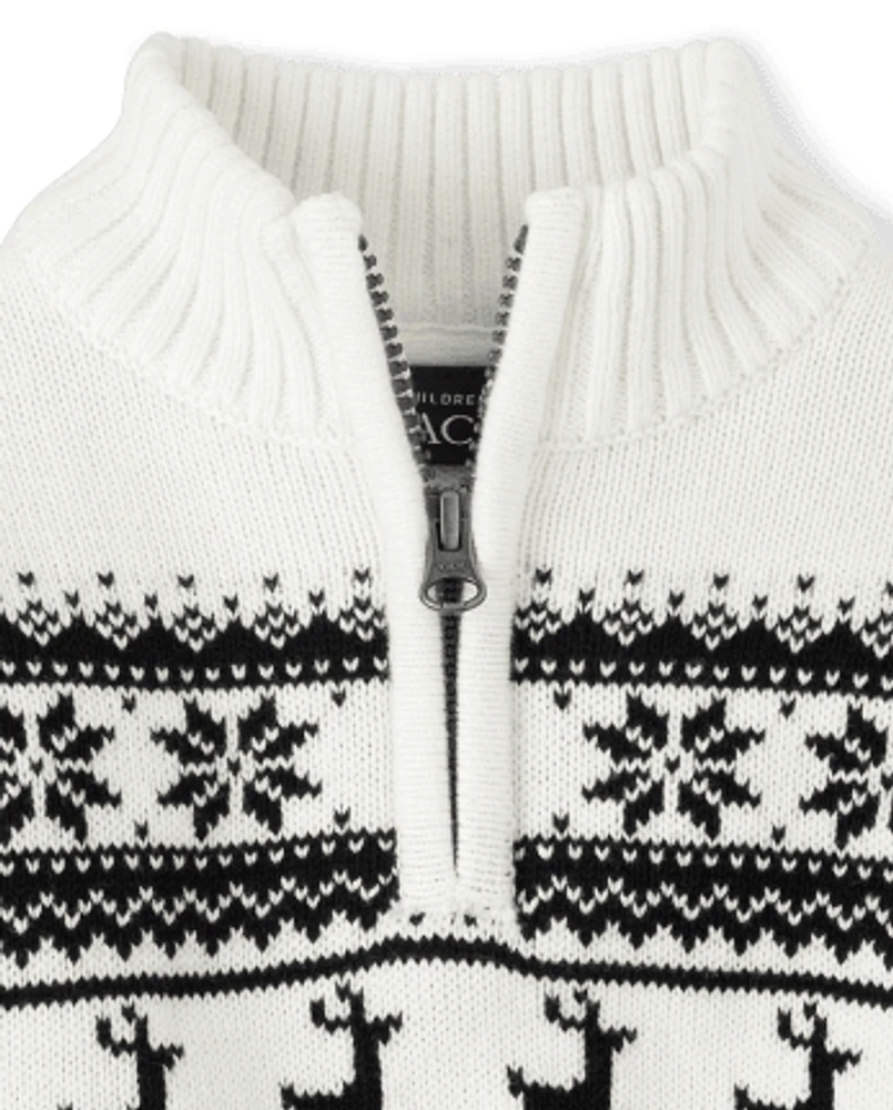 Toddler Boys Reindeer Fairisle Half Zip Mock Neck Sweater