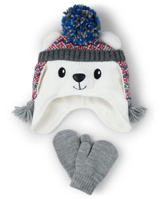 Toddler Boys Polar Bear Hat And Mittens Set - multi clr