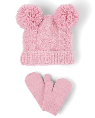 Toddler Girls Cable Knit Hat And Mittens Set - rose quartz