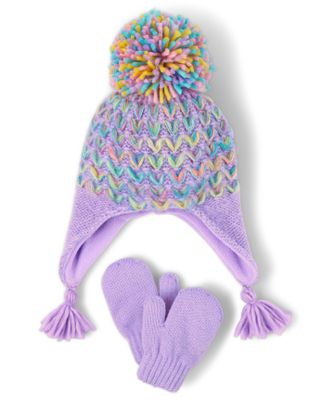 Toddler Girls Rainbow Heart Hat And Mittens Set - multi clr