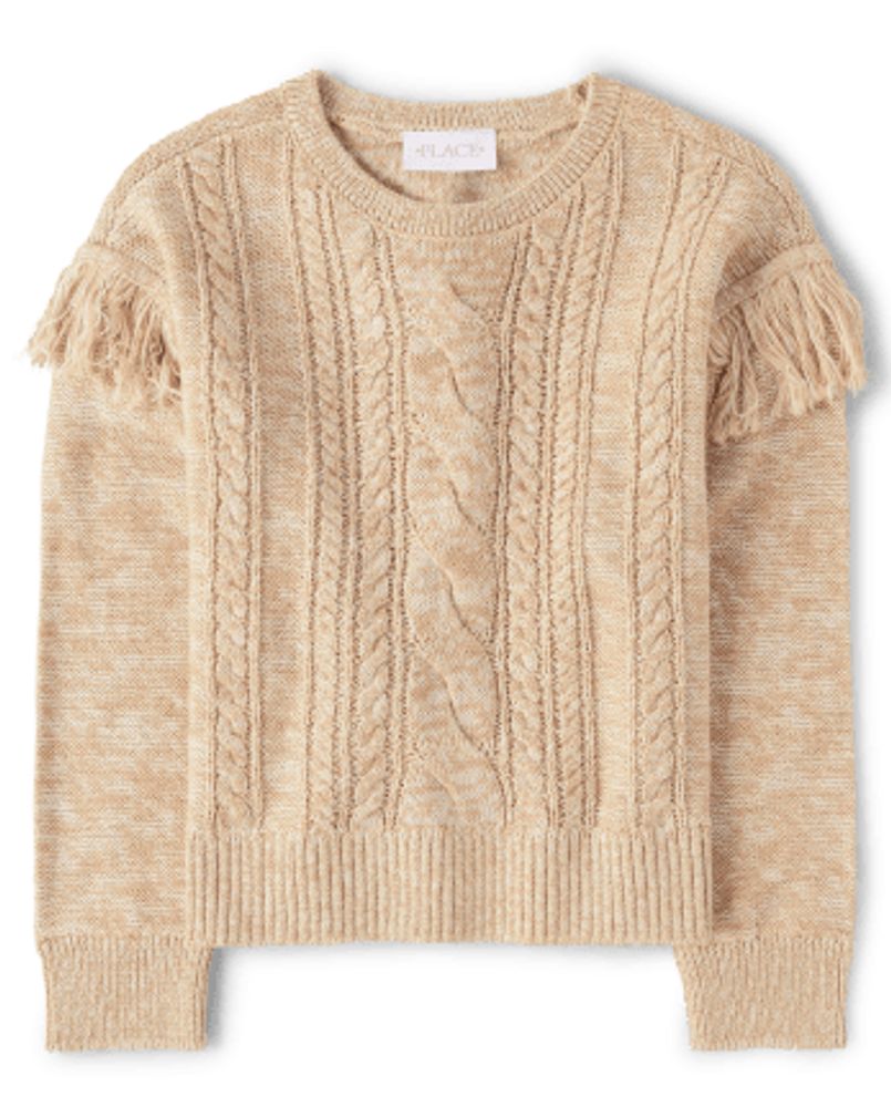 Girls Fringe Cable Knit Sweater