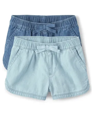 Toddler Girls Chambray Pull On Shorts 2-Pack