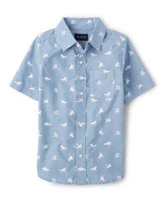 Boys Dad And Me Horse Poplin Button Up Shirt
