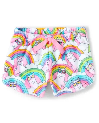 Girls Rainbow Llama Fleece Pajama Shorts