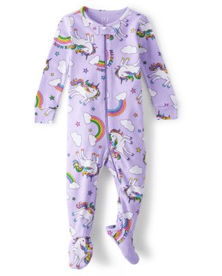 Baby And Toddler Girls Rainbow Unicorn Snug Fit Cotton One Piece Pajamas