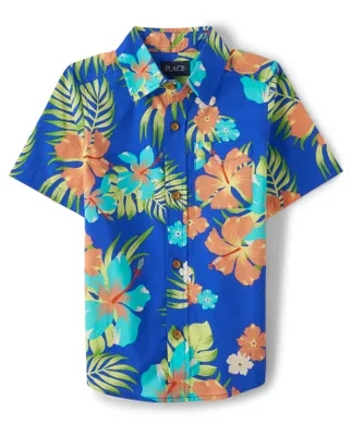 Boys Matching Family Tropical Poplin Button Up Shirt