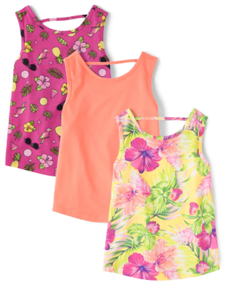 Girls Tropical Cut Out Tank Top 3-Pack
