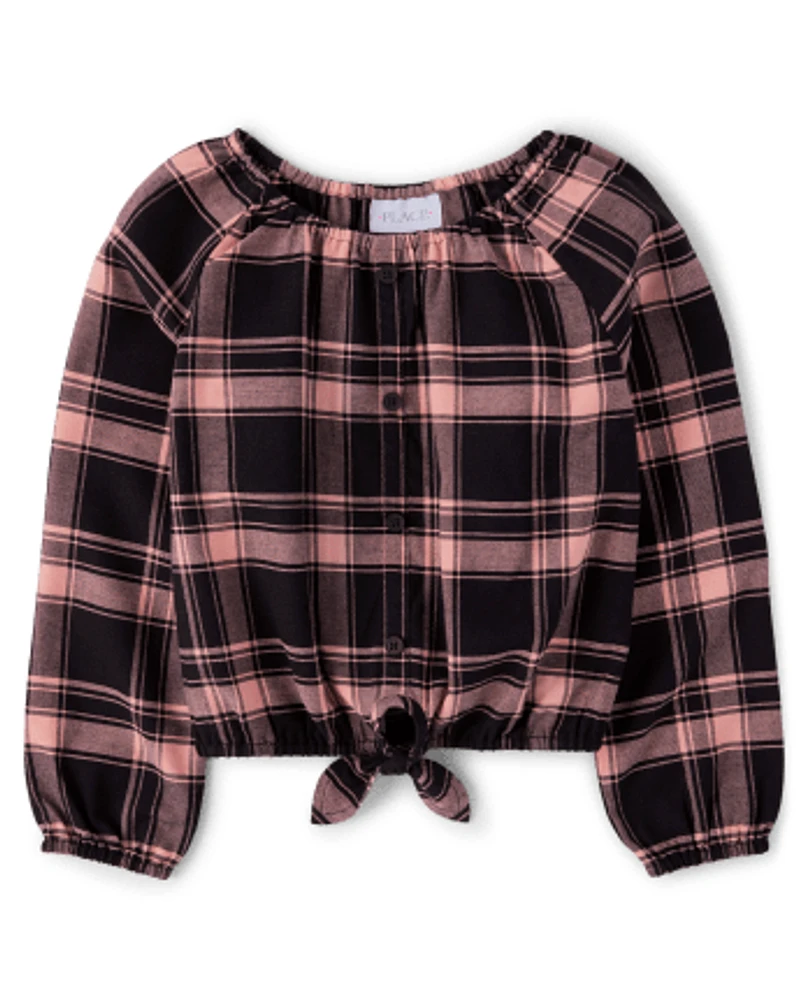 Girls Plaid Tie Front Top