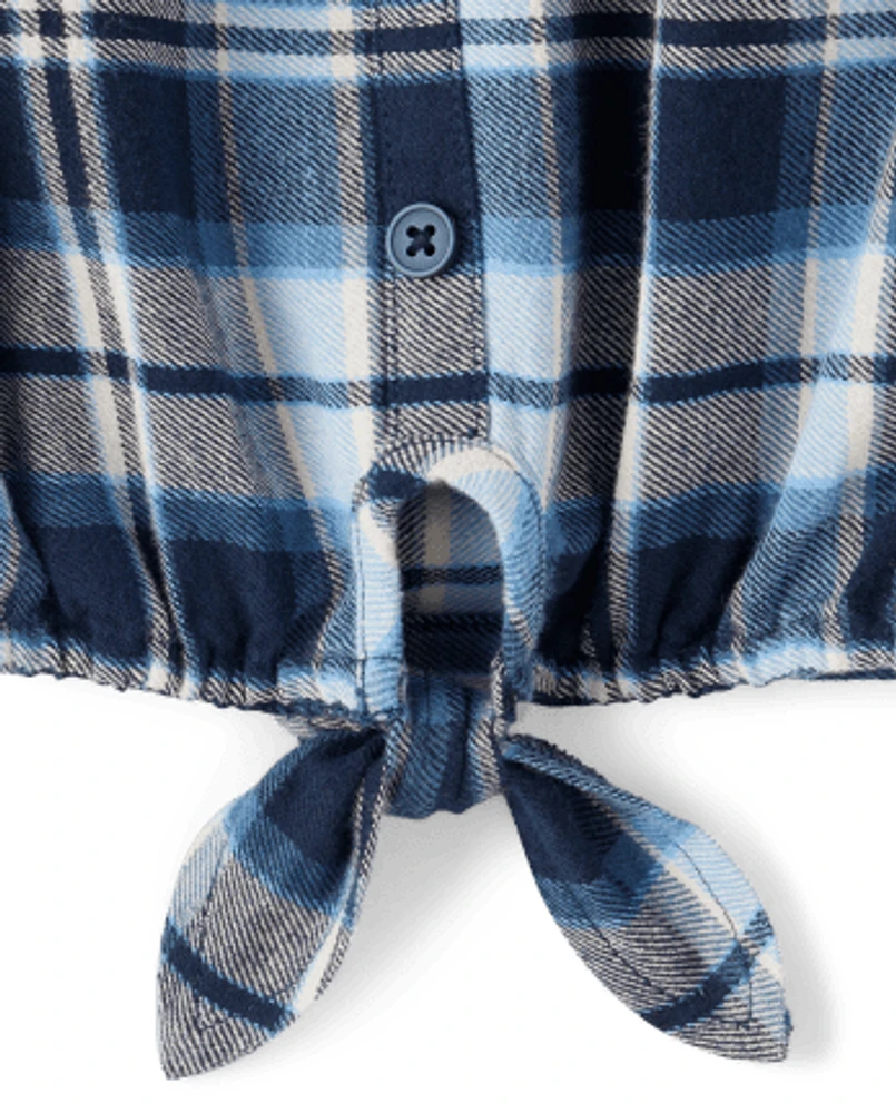 Girls Plaid Flannel Tie Front Top