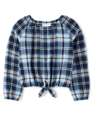 Girls Plaid Flannel Tie Front Top