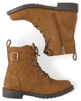 Girls Quilted Buckle Lace-Up Boots